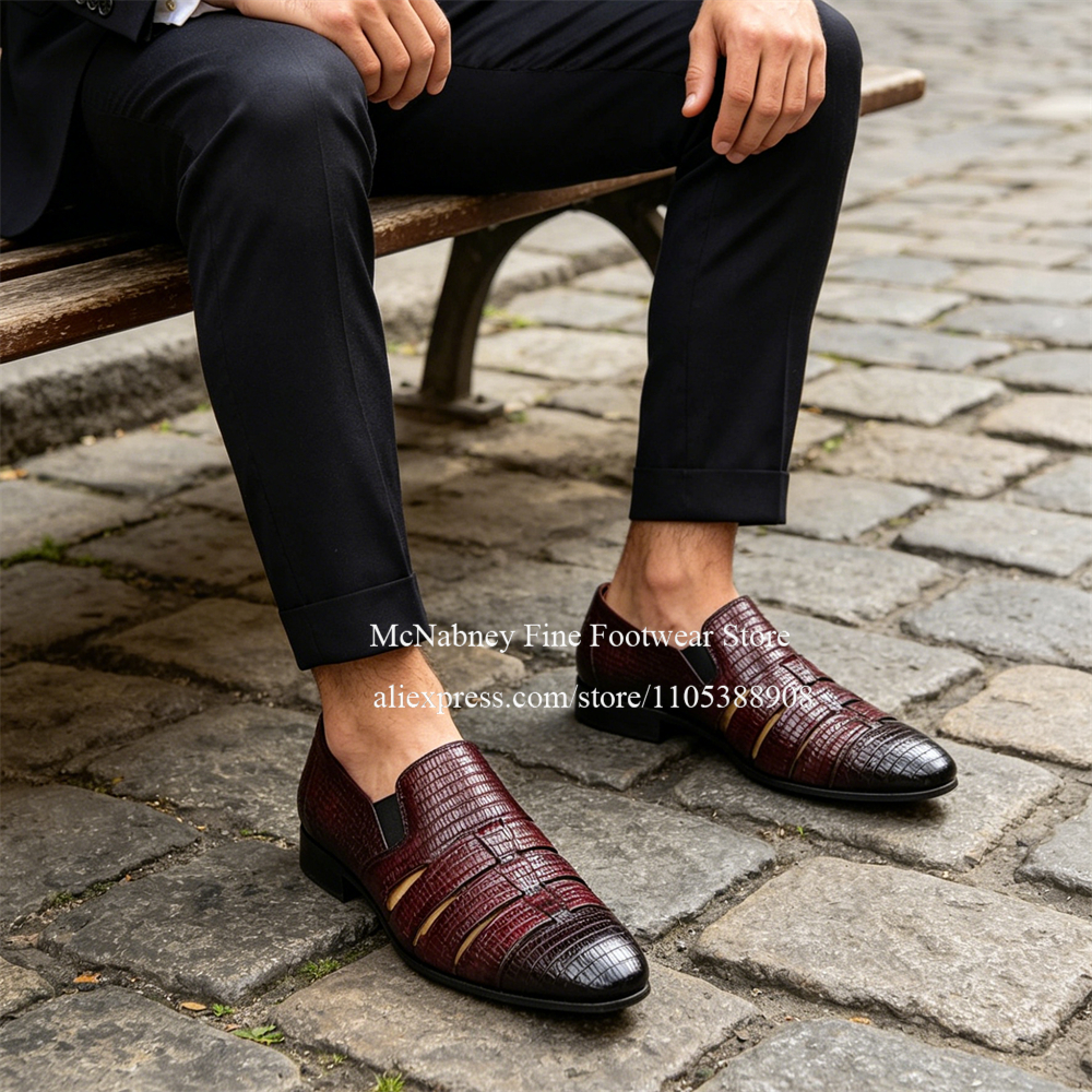 Men'S Formal Wear For A Wedding - Breathable Cutout Burgundy Black Lizard Leather