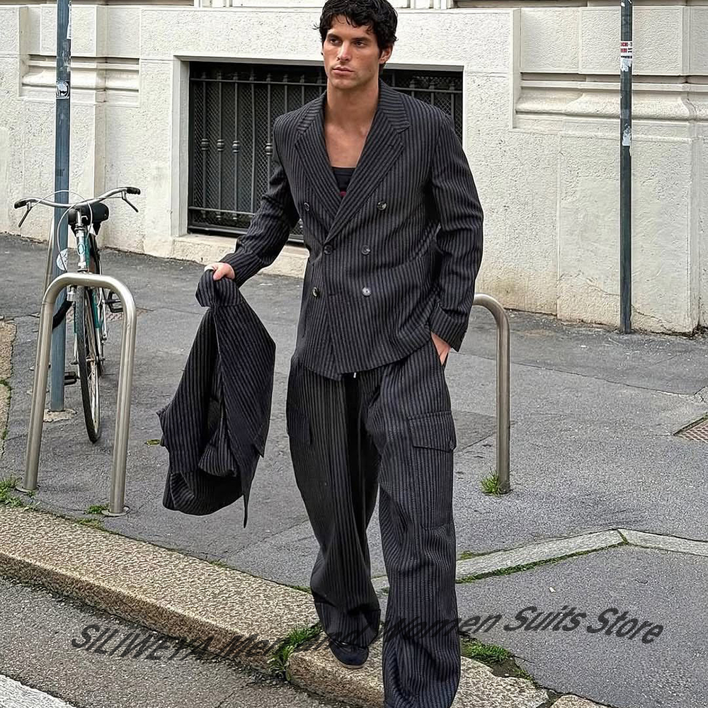 Men Formal Wear Pants - Elegant Man Suit Pinstripe Double-Breasted Notch